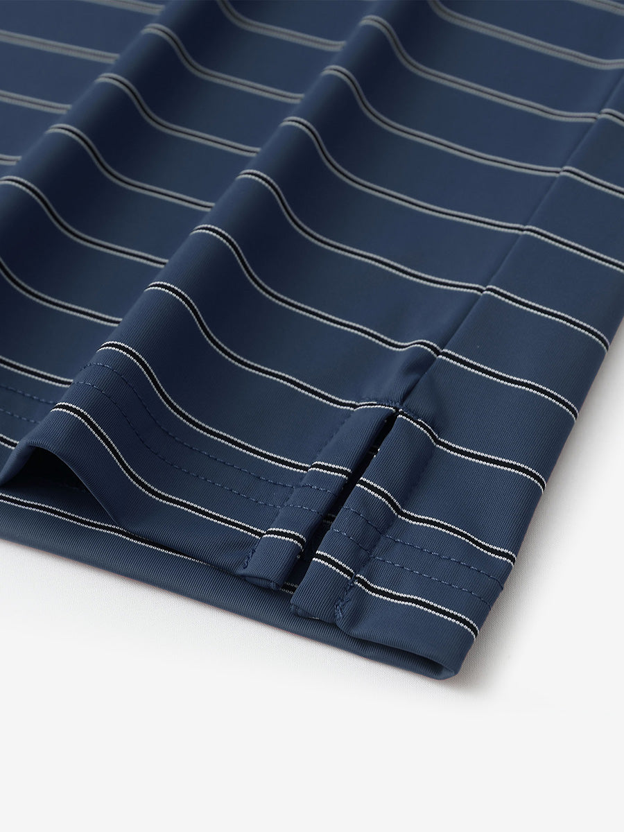 Close-up of side slit hem detail on NAVY STRIPE Water Resistant Stripe Nylon Polo