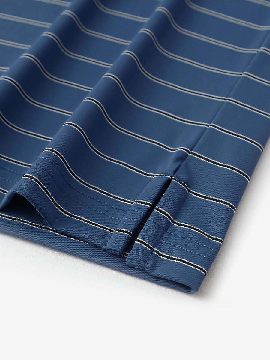 Close-up of side slit hem detail on DARK BLUE STRIPE Water Resistant Stripe Nylon Polo