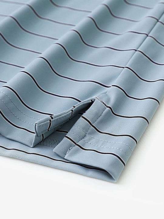 Close-up of side slit hem detail on SKY BLUE STRIPE Water Resistant Stripe Nylon Polo